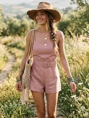Spaghetti-Strap Belted Romper in Dusty Rose